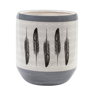 Hiend Accents Feather Design Ceramic Wastebasket - Elevate Your Bathroom With Southwestern Artistry And Elegance Cream,Gray Ceramic Wb1754