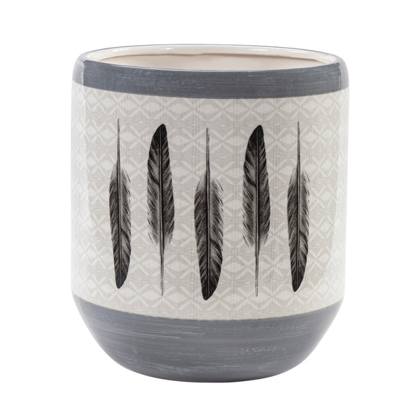 Hiend Accents Feather Design Ceramic Wastebasket - Elevate Your Bathroom With Southwestern Artistry And Elegance Cream,Gray Ceramic Wb1754