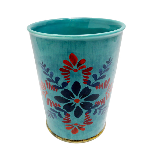 Hiend Accents Bonita Ceramic Wastebasket Set - Vibrant Talavera-inspired Design For Chic Bathroom Decor Upgrade Blue Ceramic Wb1937