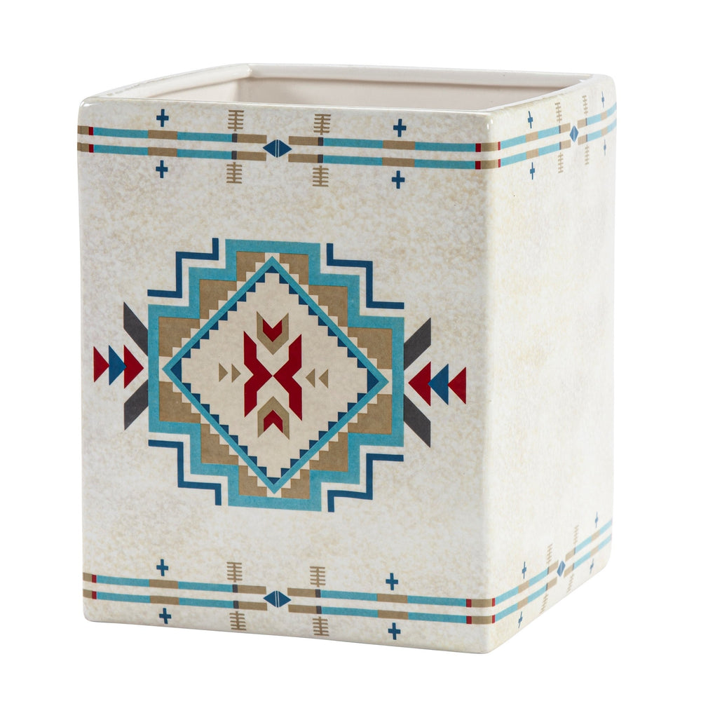 Hiend Accents Spirit Valley Ceramic Wastebasket - Elevate Your Bathroom With Southwestern Artisan Elegance Cream,Red,Green Ceramic Wb2113