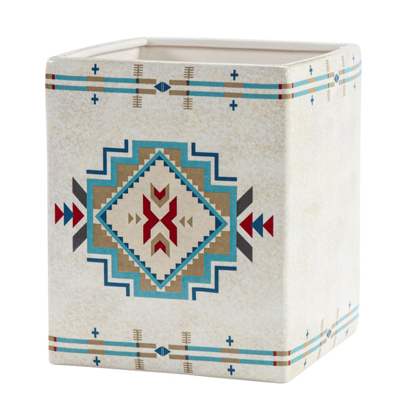 Hiend Accents Spirit Valley Ceramic Wastebasket - Elevate Your Bathroom With Southwestern Artisan Elegance Cream,Red,Green Ceramic Wb2113