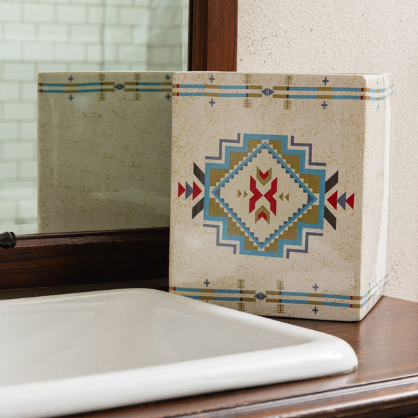 Hiend Accents Spirit Valley Ceramic Wastebasket - Elevate Your Bathroom With Southwestern Artisan Elegance Cream,Red,Green Ceramic Wb2113