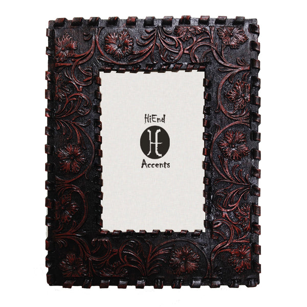Hiend Accents Laced Edge Tooled Leather Picture Frame - Elegant Floral Design For Vertical Or Horizontal Photos Black,Red Resin Wd1000-46-oc