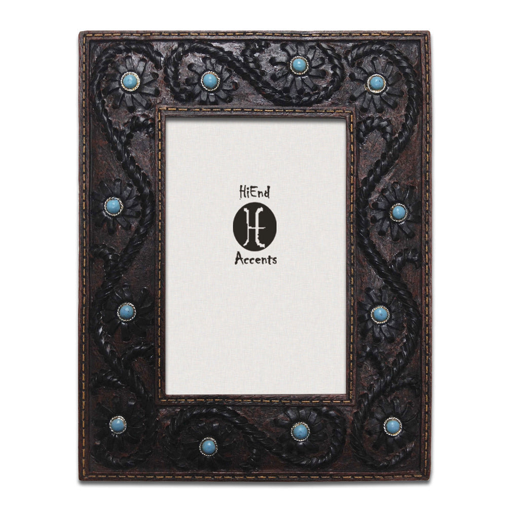 Hiend Accents Scrolled Lacing With Turquoise Stones - Elegant Floral Photo Frame For Rustic Home Décor Collection Chcolote Resin Wd1001