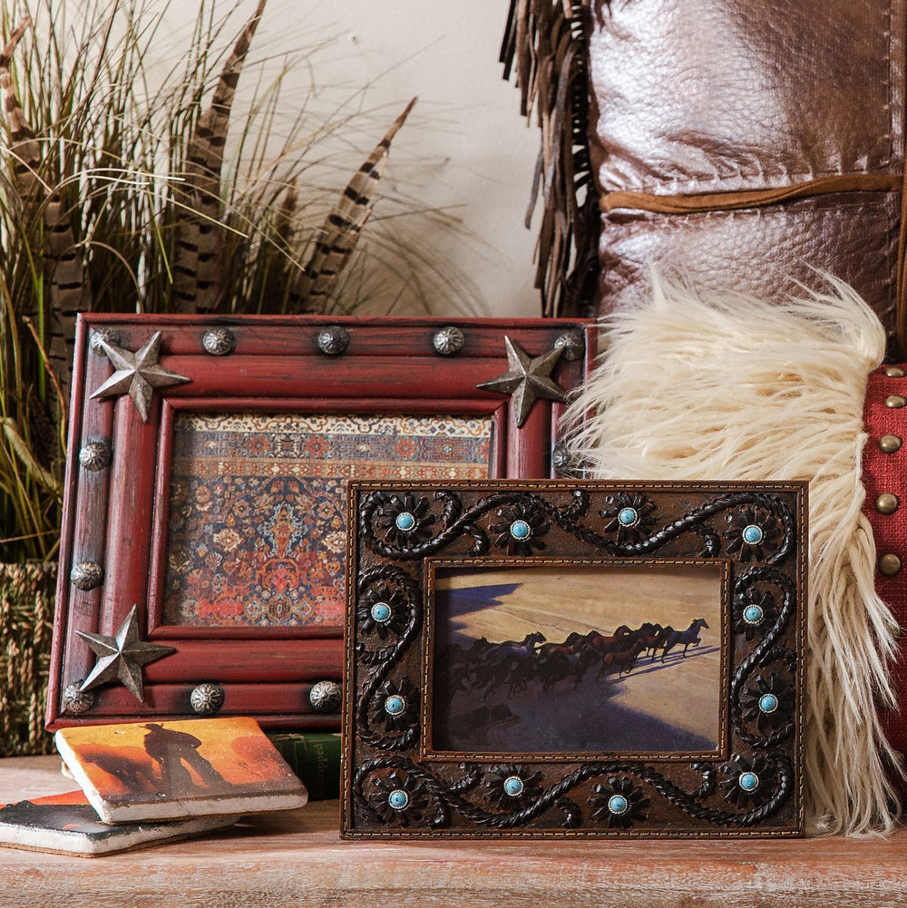 Hiend Accents Scrolled Lacing With Turquoise Stones - Elegant Floral Photo Frame For Rustic Home Décor Collection Chcolote Resin Wd1001
