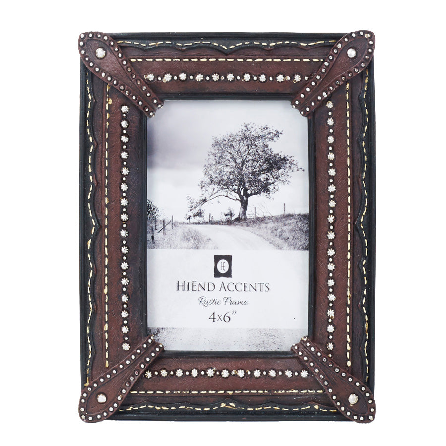Hiend Accents Corner Straps Frame - Stylish Western Design With Silver Studding For Cherished Memories Display Brown Resin Wd1005