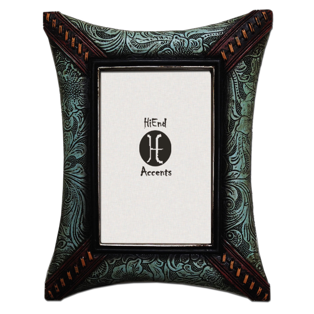 Hiend Accents Tooled Leather Picture Frames With Corner Lacing – Vibrant Turquoise Décor For Cherished Memories Green Resin Wd1006
