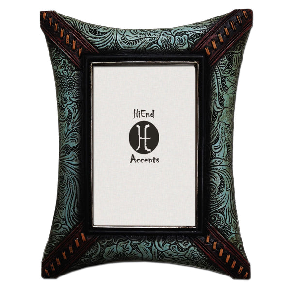 Hiend Accents Tooled Leather Picture Frames With Corner Lacing – Vibrant Turquoise Décor For Cherished Memories Green Resin Wd1006
