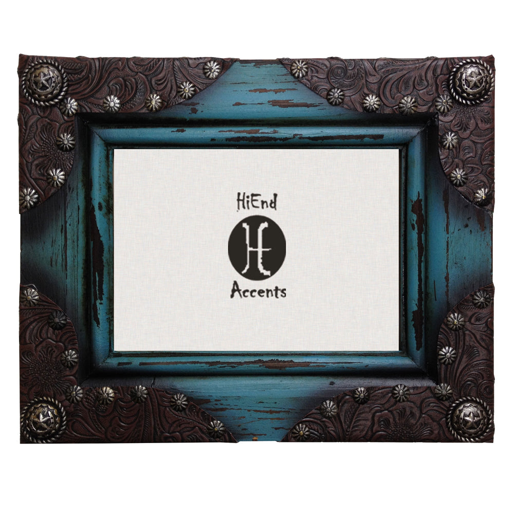 Hiend Accents Painted Rustic Photo Frame Set With Leather Corners And Silver Concho Accents For Elegant Decor Blue Resin Wd1010