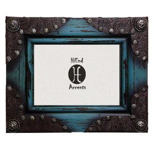 Hiend Accents Painted Rustic Photo Frame Set With Leather Corners And Silver Concho Accents For Elegant Decor Blue Resin Wd1010
