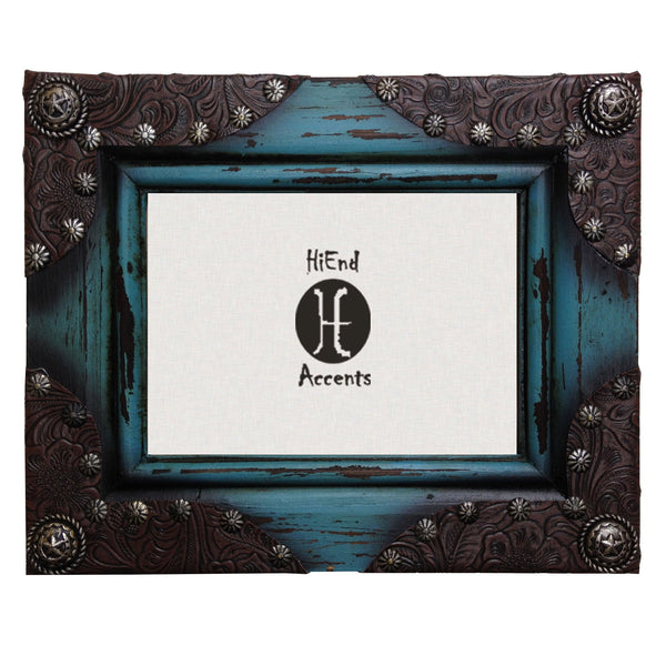 Hiend Accents Painted Rustic Photo Frame Set With Leather Corners And Silver Concho Accents For Elegant Decor Blue Resin Wd1010