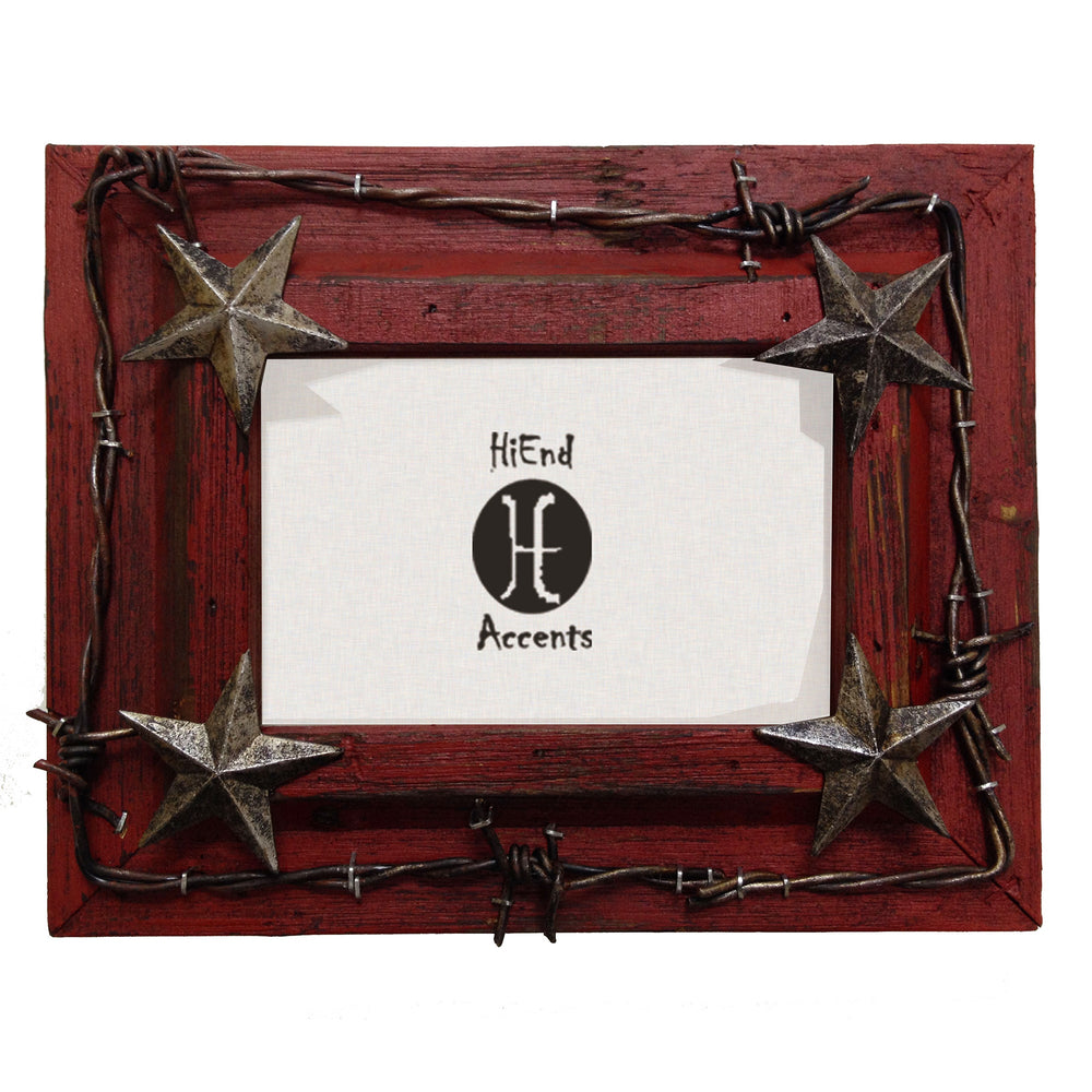 Hiend Accents Barbwire Distressed Wood Picture Frame – Rustic Western Decor With Star Accents For Your Photos Red Resin Wd1016-80-rd