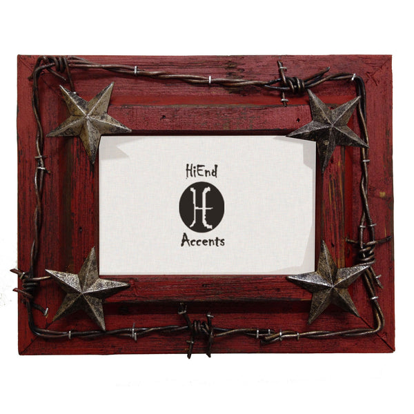 Hiend Accents Barbwire Distressed Wood Picture Frame – Rustic Western Decor With Star Accents For Your Photos Red Resin Wd1016-80-rd