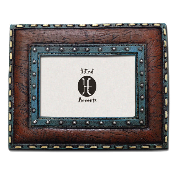 Hiend Accents Turquoise Hand-painted Leather Insert Picture Frame Set - Rustic Charm For Your Cherished Memories Blue Resin Wd1018