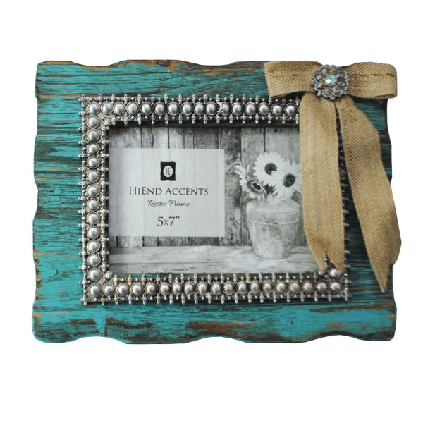 Hiend Accents Turquoise Distressed Picture Frames With Rustic Burlap Bow - Stylish Home Décor Accent Set Turquoise Wooden Frame Wd1070