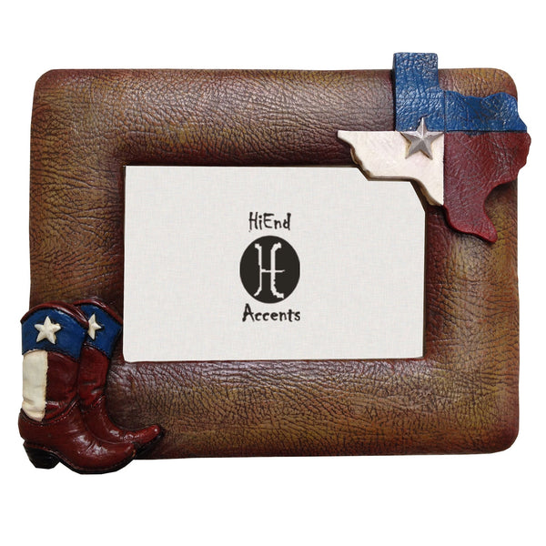 Hiend Accents Texas Flag & Boots Picture Frame - Western Decor For Cherished Memories In Stylish Design Brown Resin Wd1502