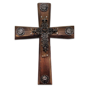 Hiend Accents Wooden Cross Wall Décor With Rustic Star Concho Overlay For Western-themed Home Elegance Brown Resin Wd2000
