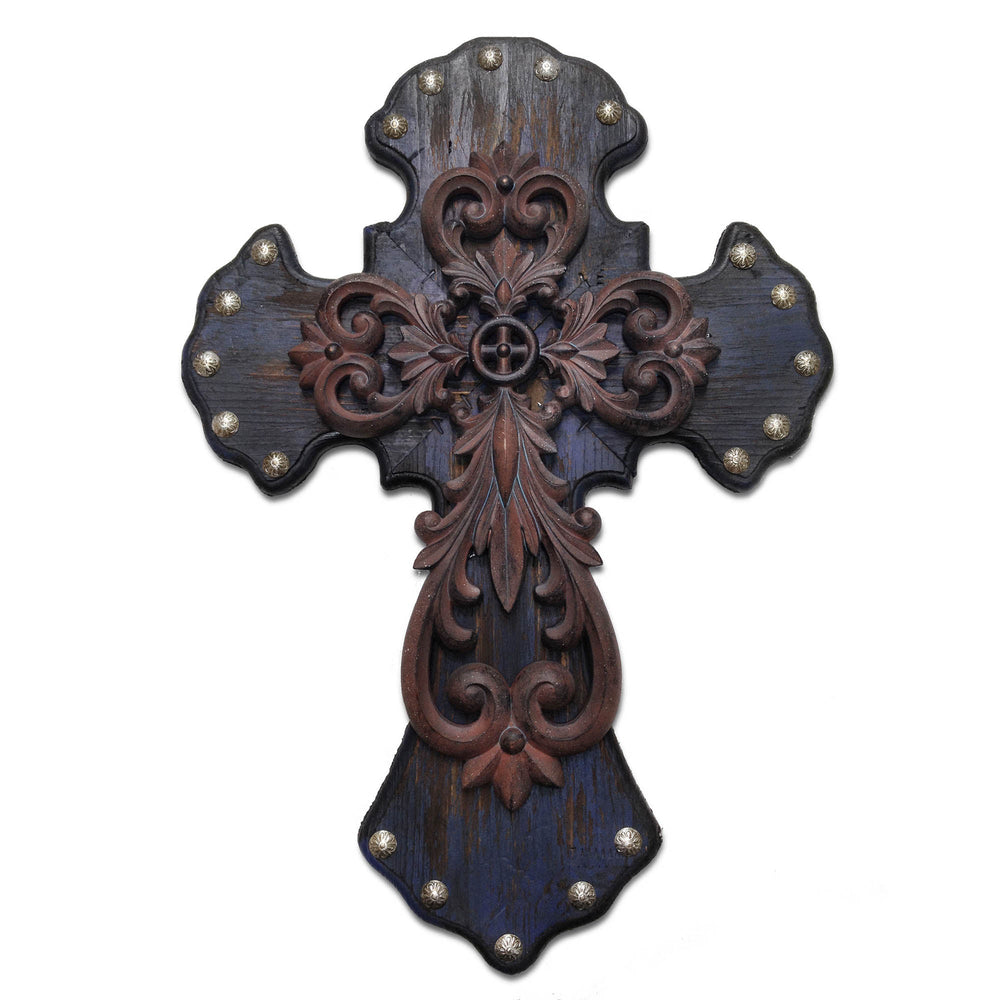 Hiend Accents Deep Blue Metal Overlay Studded Cross Wall Décor - Rustic Charm For Your Home Or Meaningful Gift  Resin Wd2002