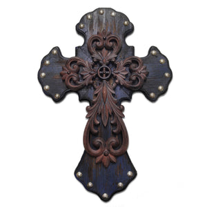 Hiend Accents Deep Blue Metal Overlay Studded Cross Wall Décor - Rustic Charm For Your Home Or Meaningful Gift  Resin Wd2002