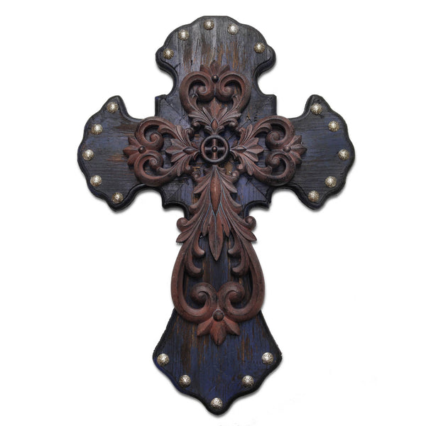 Hiend Accents Deep Blue Metal Overlay Studded Cross Wall Décor - Rustic Charm For Your Home Or Meaningful Gift  Resin Wd2002