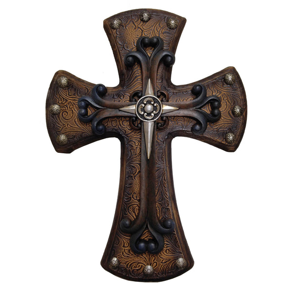 Hiend Accents Studded Wooden Cross Decor With Faux Leather & Vibrant Resin Overlay - Ideal For Rustic Spaces Brown Resin Wd2003