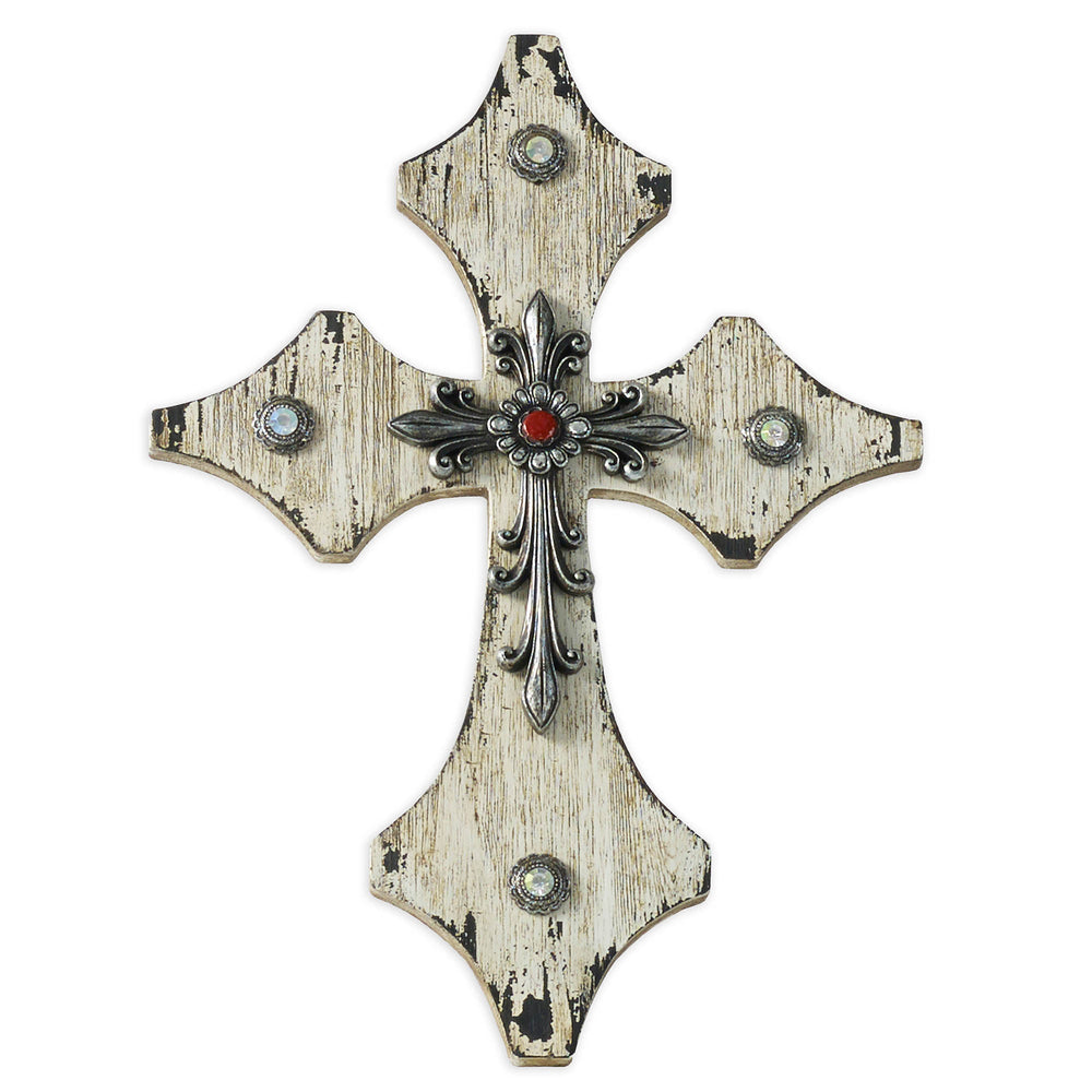 Hiend Accents Cream Distressed Wooden Cross Wall Décor With Silver Resin & Rhinestones - Rustic Elegance For Home Cream Wood With Resin Wd2010
