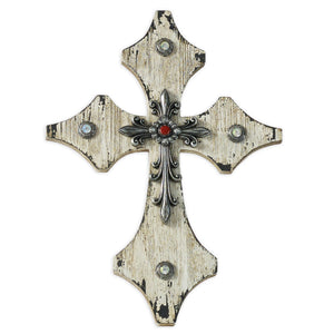 Hiend Accents Cream Distressed Wooden Cross Wall Décor With Silver Resin & Rhinestones - Rustic Elegance For Home Cream Wood With Resin Wd2010