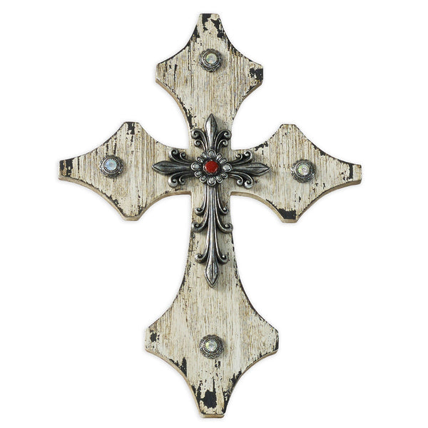 Hiend Accents Cream Distressed Wooden Cross Wall Décor With Silver Resin & Rhinestones - Rustic Elegance For Home Cream Wood With Resin Wd2010