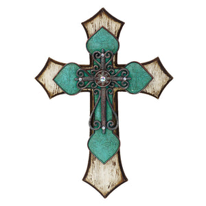 Hiend Accents Triple Layer Cross Wall Décor - Elegant Rustic Charm With Metal Scrollwork & Glam Rhinestone Accents Cream,Turquoise Wood,Resin Wd2011
