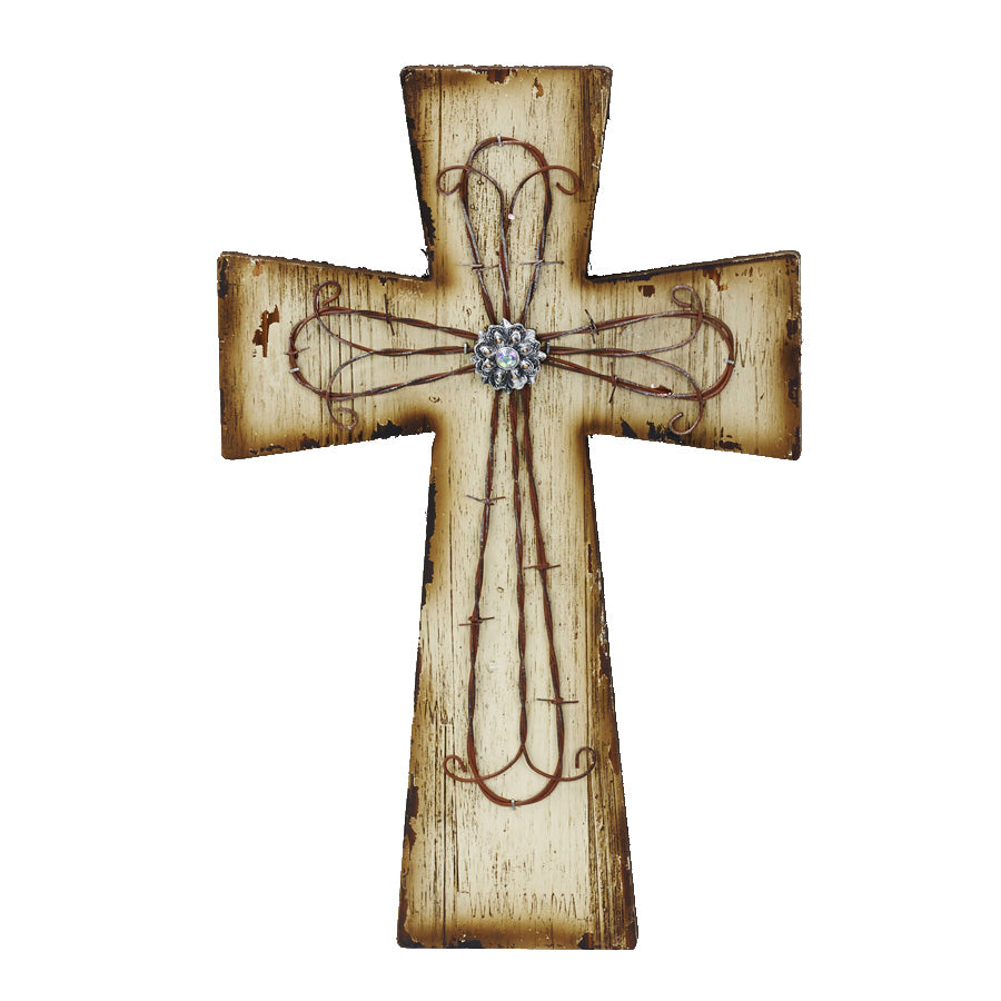 Hiend Accents Cream Distressed Wood Cross Wall Décor With Rhinestone & Barbwire Accents For Rustic Elegance Brown Wooden With Resin Barbwire Overlay Wd2013