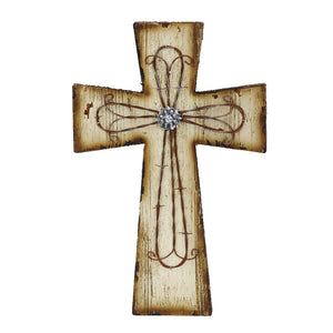 Hiend Accents Cream Distressed Wood Cross Wall Décor With Rhinestone & Barbwire Accents For Rustic Elegance Brown Wooden With Resin Barbwire Overlay Wd2013