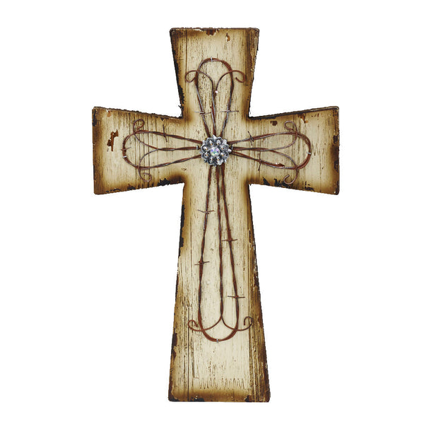 Hiend Accents Cream Distressed Wood Cross Wall Décor With Rhinestone & Barbwire Accents For Rustic Elegance Brown Wooden With Resin Barbwire Overlay Wd2013