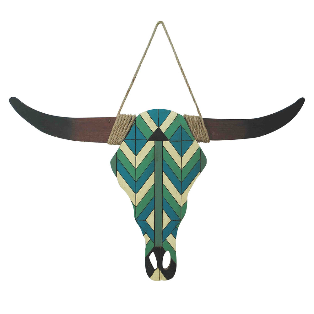 Hiend Accents Southwestern Colorful Skull Wall Art - Vibrant Wood Decor With Herringbone Design & Jute Rope Turquoise  Wd2209