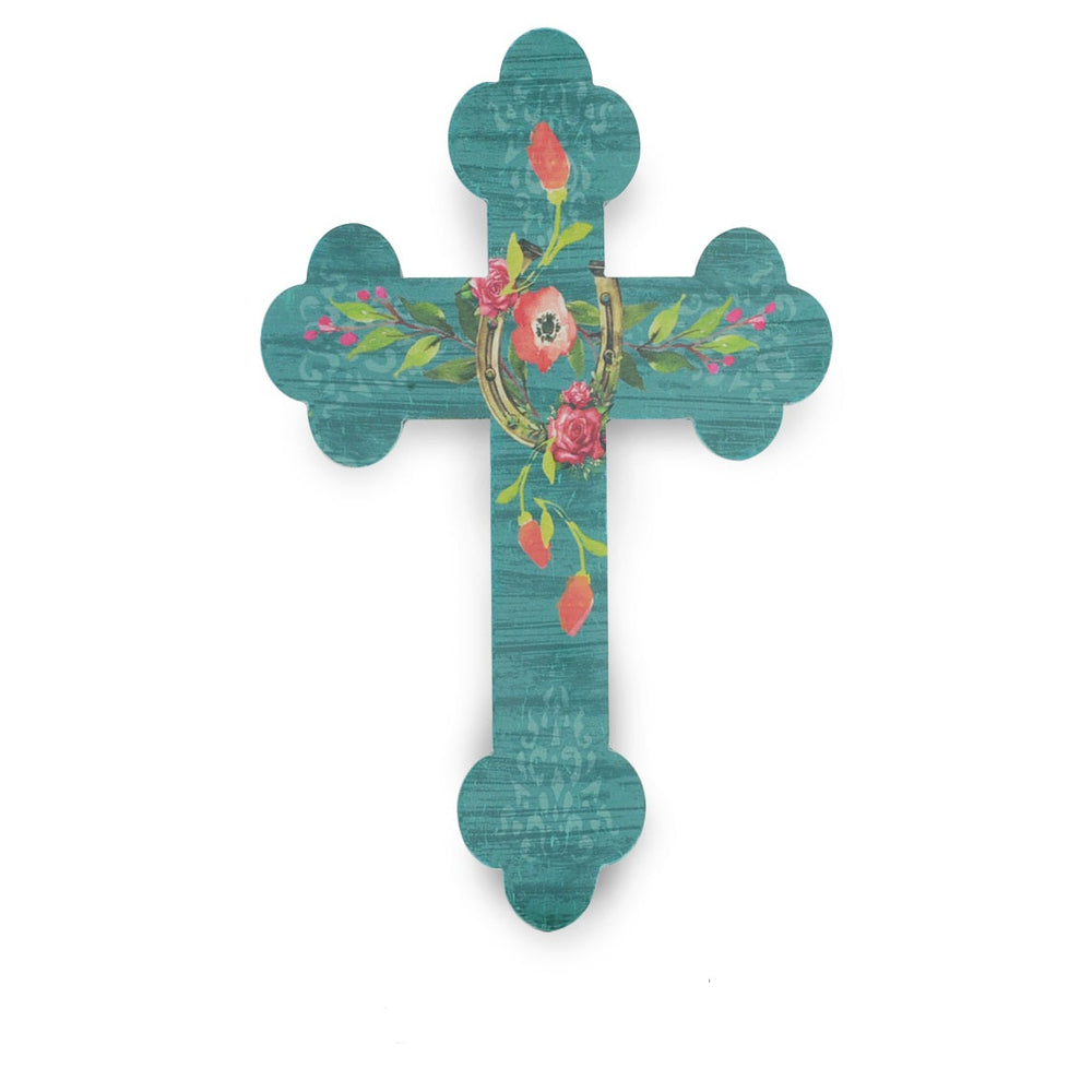 Hiend Accents Turquoise Floral Horseshoe Cross Wall Décor - Rustic Charm For Western-inspired Home Aesthetics Turquoise Wooden Wd2705