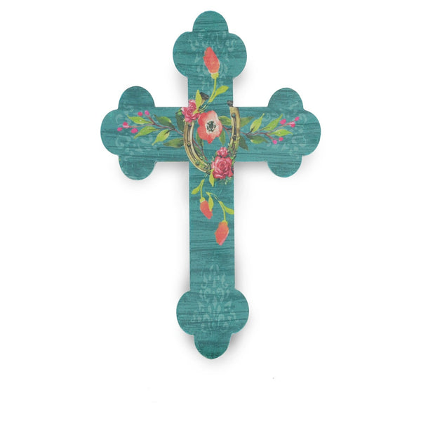 Hiend Accents Turquoise Floral Horseshoe Cross Wall Décor - Rustic Charm For Western-inspired Home Aesthetics Turquoise Wooden Wd2705