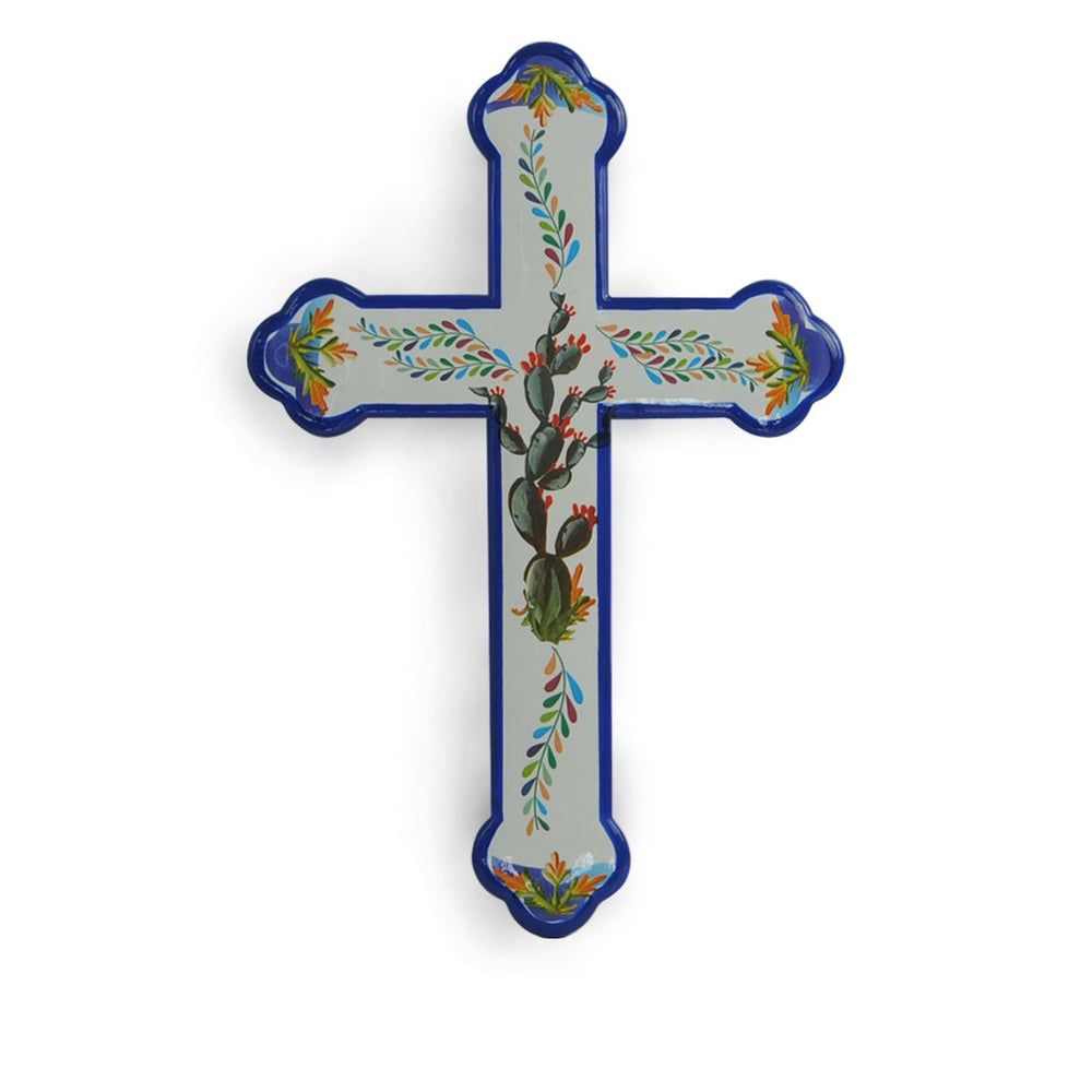 Hiend Accents Colorful Mexican Motif Cross Wall Décor - Vibrant Artistry With Cacti & Feather Detailing For Home White,Blue Wooden With Ceramic Style Coating Wd2706