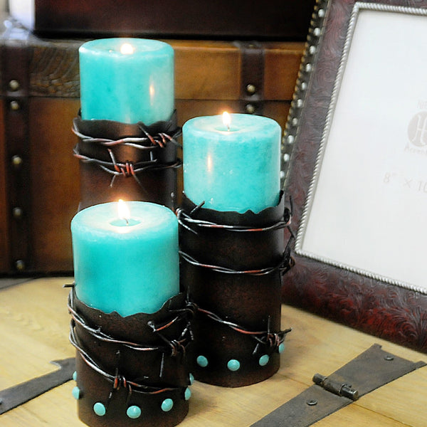Hiend Accents Barbwire & Turquoise Candle Holder Set - Rustic Elegance For A Cozy Western Home Decor Ambiance Brown Resin Wd3001