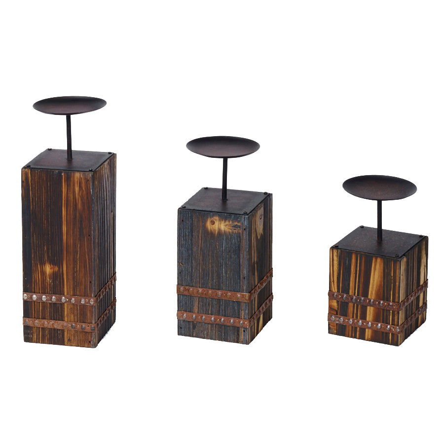 Hiend Accents Wooden Block & Metal Pillar Candle Holder Set - Stylish Rustic Decor For Cozy Home Atmosphere Brown Resin Wd3002