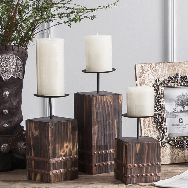 Hiend Accents Wooden Block & Metal Pillar Candle Holder Set - Stylish Rustic Decor For Cozy Home Atmosphere Brown Resin Wd3002
