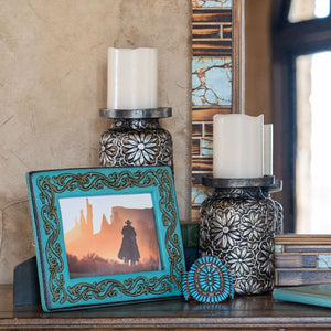 Hiend Accents Faux Metal Embossed Flower Pillar Candle Holders - Elegant Home Decor For Cozy Ambiance, Set Of 2 Silver Resin Wd3015