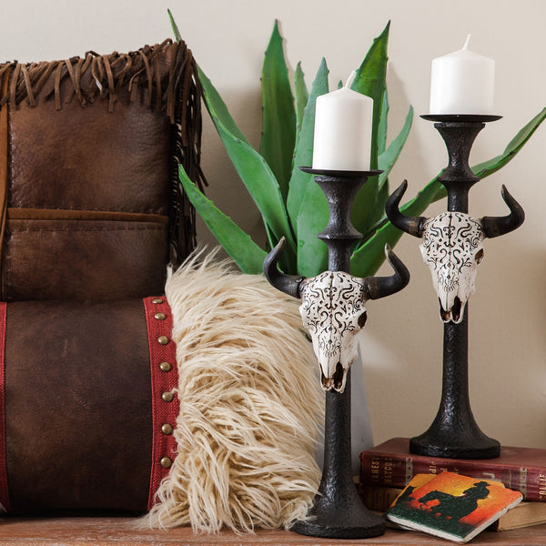 Hiend Accents Carved Skull Tapered Pillar Candle Holder Set - Gothic Elegance For Home Decor & Unique Ambiance Black Resin+Iron Wd3016