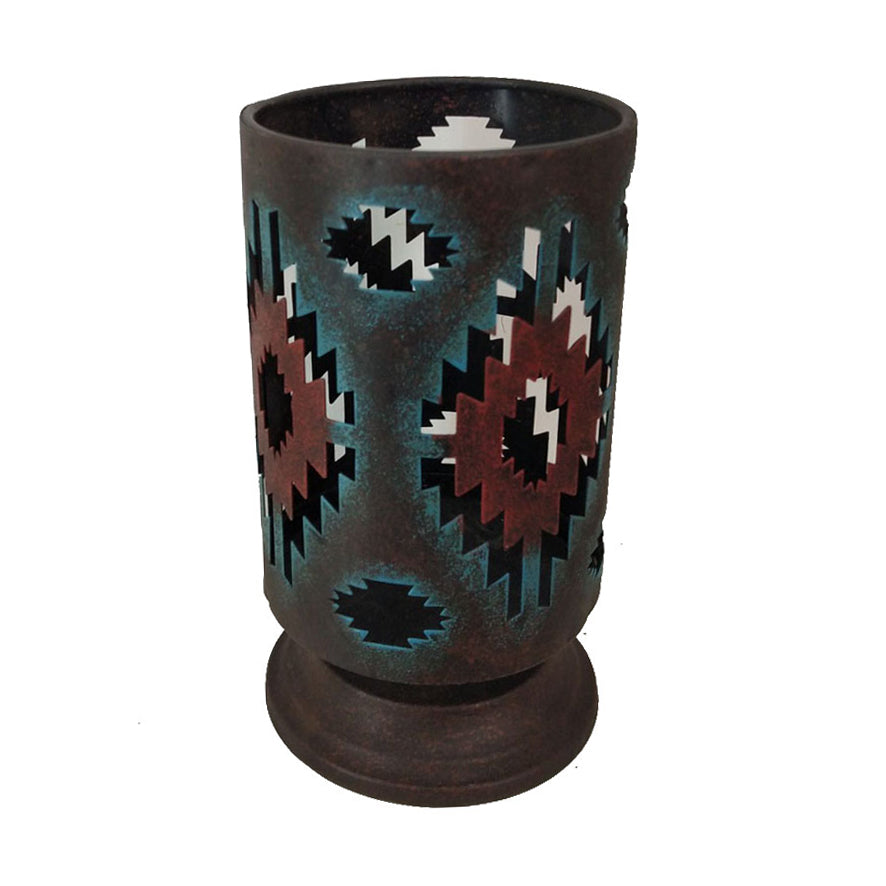 Hiend Accents Colorful Aztec Hurricane Candle Holder - Illuminate Your Space With Rustic Southwestern Charm Blue,Red Metal Wd3018