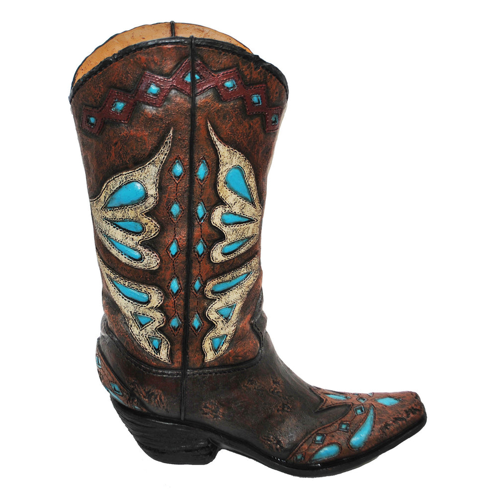 Hiend Accents Turquoise Cowboy Boot Vase - Unique Hand-painted Décor For A Wild West Inspired Home Centerpiece Brown,Turquoise Resin Wd7002