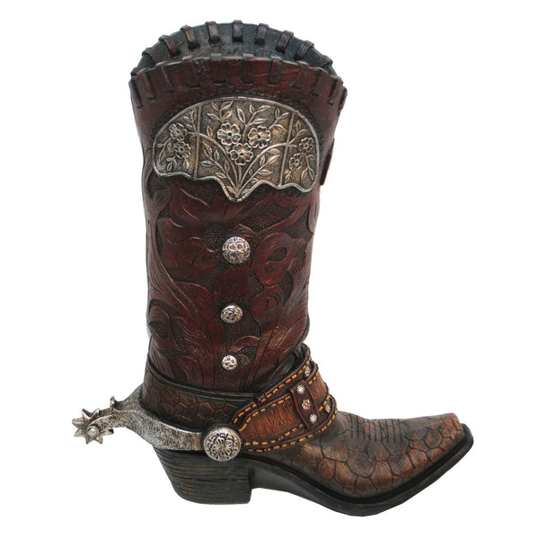 Hiend Accents Tooled Cowboy Boot Vase - Unique Western Decor Accent With Intricate Design And Silver Accents Brown Resin Wd7003