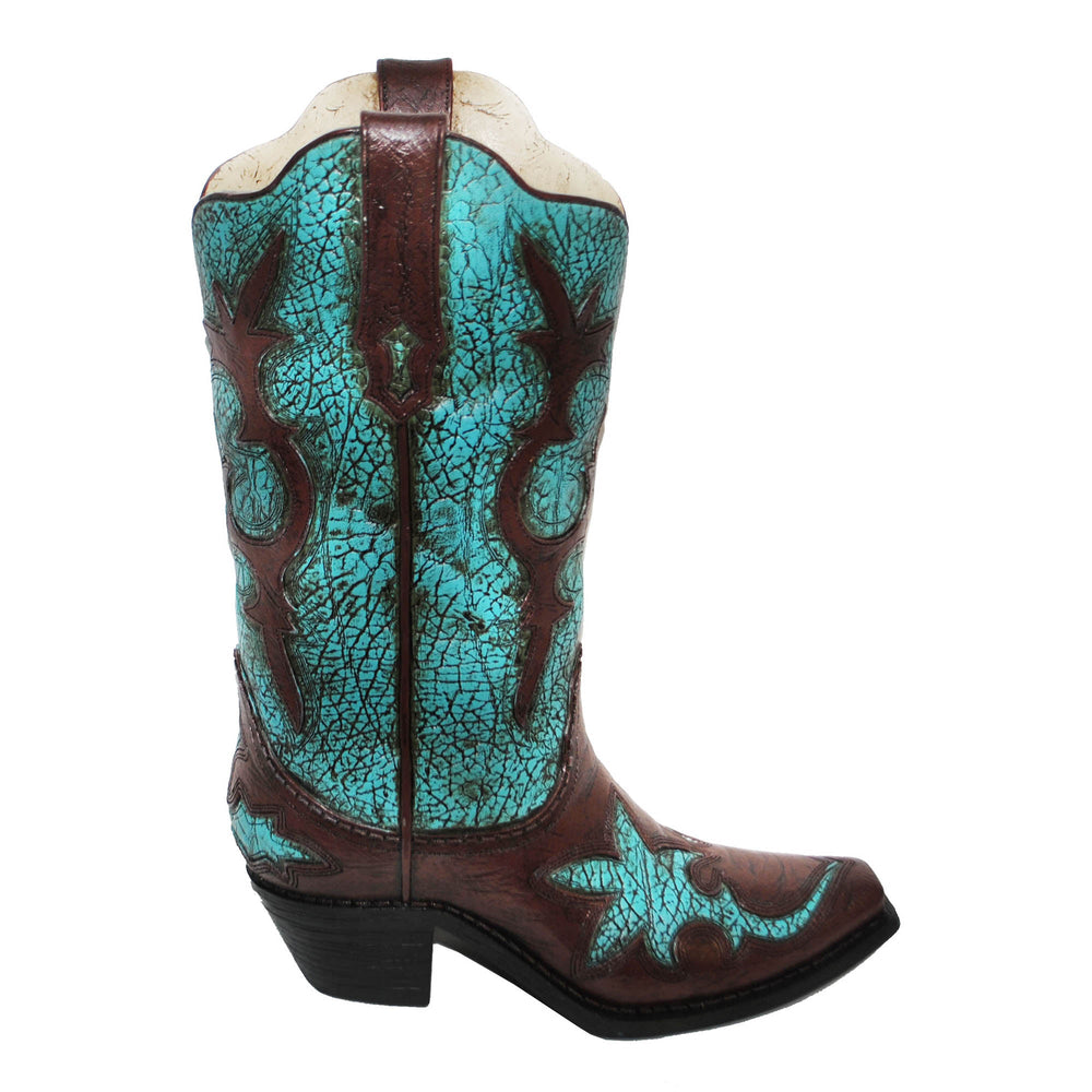 Hiend Accents Turquoise Distressed Cowboy Boot Vase – Rustic Charm For Home Decor, Perfect For Artificial Flowers Brown,Turquoise Resin Wd7004