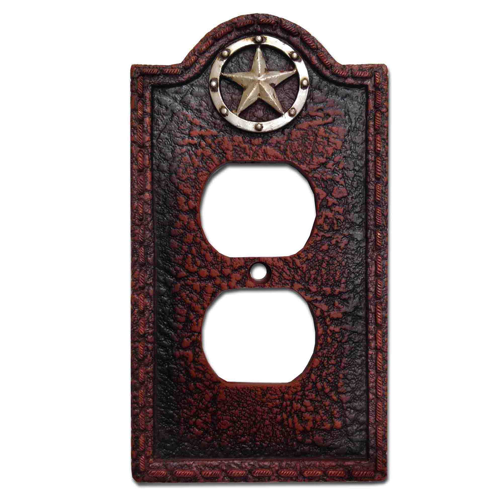 Hiend Accents Leather Grain Single Outlet Cover Wall Plate - Rustic Western Charm With Star Accent Decor Brown Resin Wd8000-so-oc