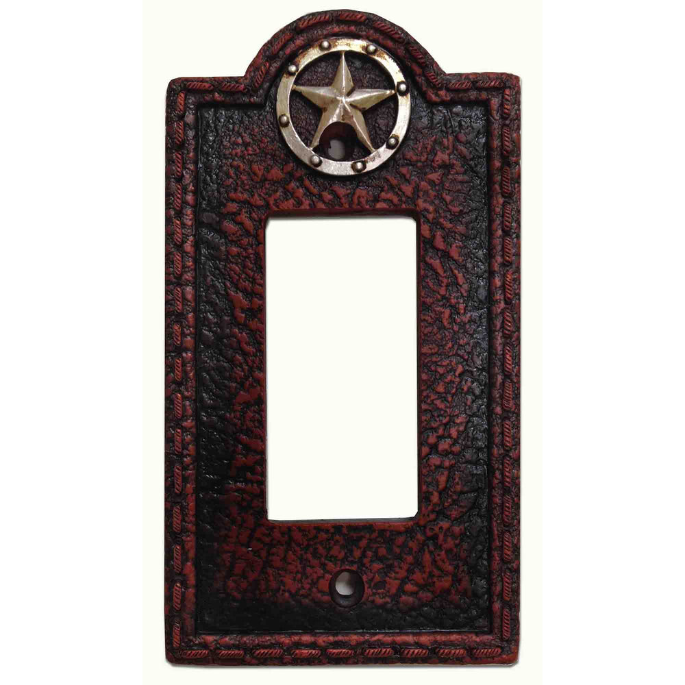 Hiend Accents Leather Grain Single Rocker Wall Switch Plate - Rustic Western Decor With Star Accent For Home Style Brown Resin Wd8000-sr-oc