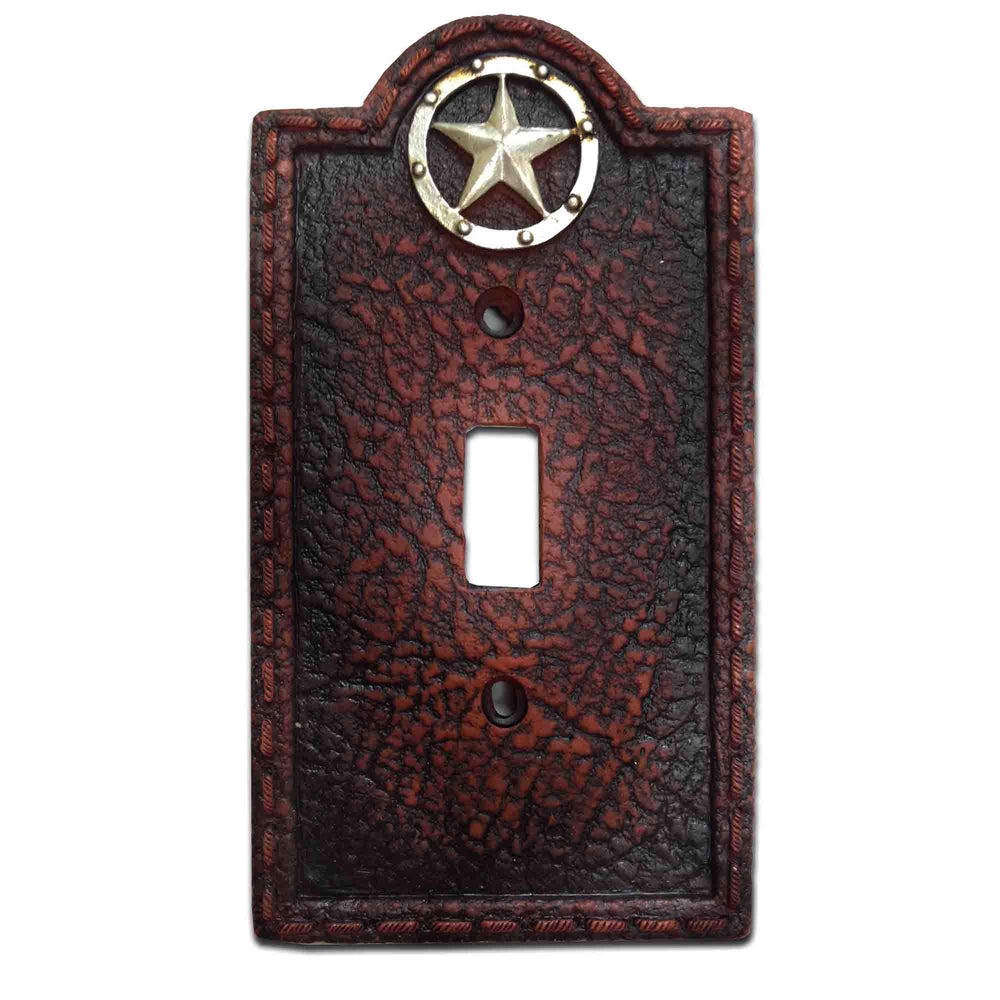 Hiend Accents Leather Grain Single Wall Switch Plate - Rustic Decor With Metal Star Accent For Western Style Homes Brown Resin Wd8000-ss-oc