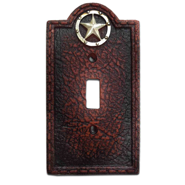 Hiend Accents Leather Grain Single Wall Switch Plate - Rustic Decor With Metal Star Accent For Western Style Homes Brown Resin Wd8000-ss-oc