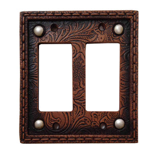 Hiend Accents Tooled Resin Double Rocker Wall Switch Plate - Rustic Elegance With Floral Design And Silver Accents Brown Resin Wd8004-dr-oc